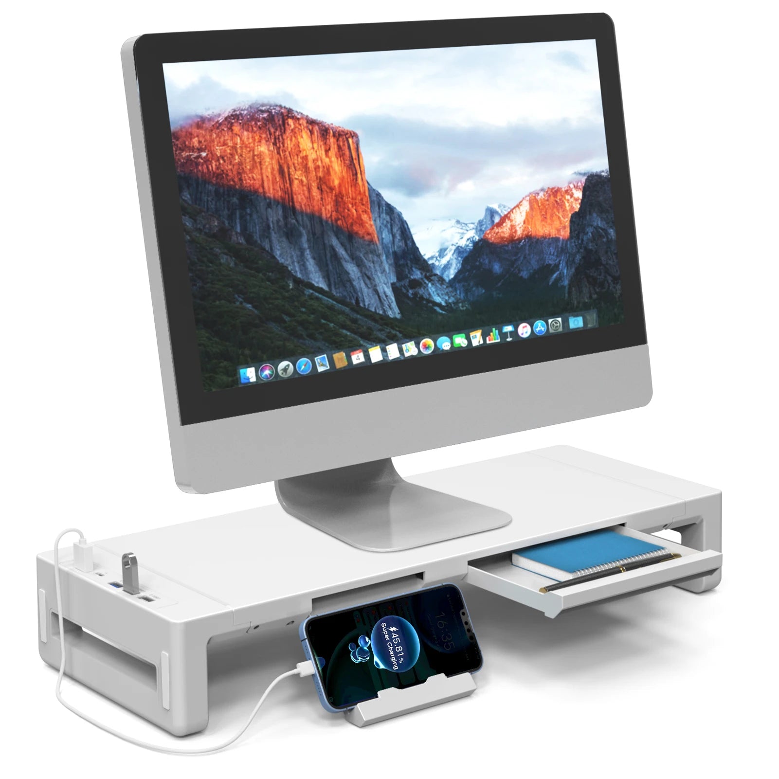 Monitor Stand Riser, With USB3.0 Foldable, Height Adjustable Computer Stand, Desk Shelf Riser with Storage Drawer &Tablet Phone