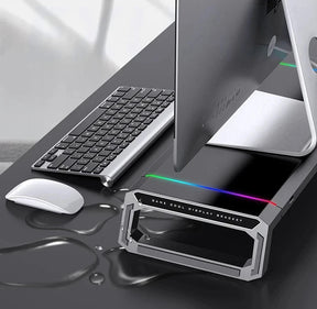 RGB Computer Monitor Lifting Stand Bi-Fold Computer Booster Bracket with 4USB Expansion Ports Desktop Storage Base for Computer