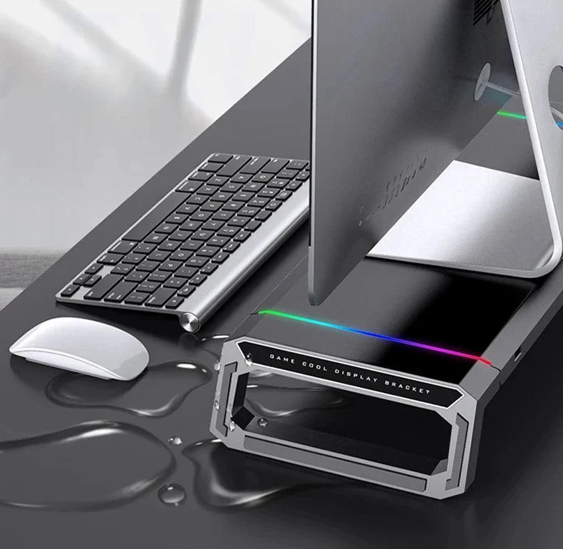 RGB Computer Monitor Lifting Stand Bi-Fold Computer Booster Bracket with 4USB Expansion Ports Desktop Storage Base for Computer