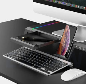 RGB Computer Monitor Lifting Stand Bi-Fold Computer Booster Bracket with 4USB Expansion Ports Desktop Storage Base for Computer