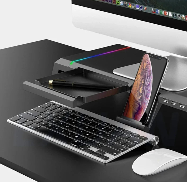 RGB Computer Monitor Lifting Stand Bi-Fold Computer Booster Bracket with 4USB Expansion Ports Desktop Storage Base for Computer