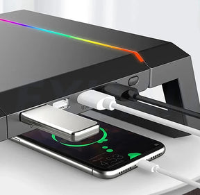 RGB Computer Monitor Lifting Stand Bi-Fold Computer Booster Bracket with 4USB Expansion Ports Desktop Storage Base for Computer