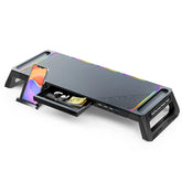 RGB Computer Monitor Lifting Stand Bi-Fold Computer Booster Bracket with 4USB Expansion Ports Desktop Storage Base for Computer