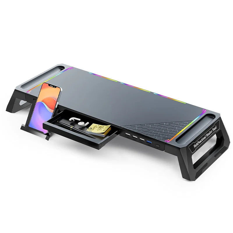 RGB Computer Monitor Lifting Stand Bi-Fold Computer Booster Bracket with 4USB Expansion Ports Desktop Storage Base for Computer