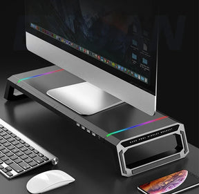 RGB Computer Monitor Lifting Stand Bi-Fold Computer Booster Bracket with 4USB Expansion Ports Desktop Storage Base for Computer