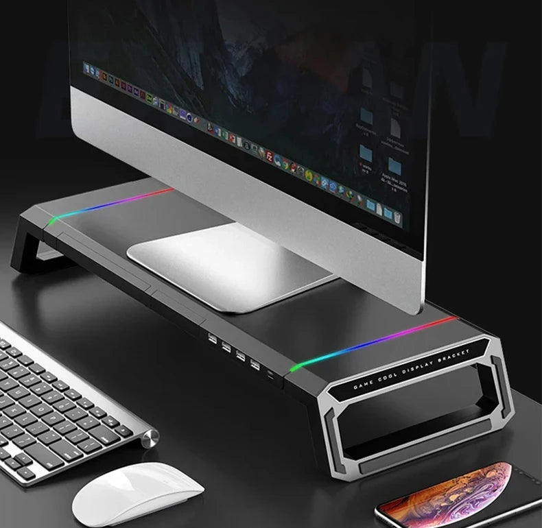 RGB Computer Monitor Lifting Stand Bi-Fold Computer Booster Bracket with 4USB Expansion Ports Desktop Storage Base for Computer