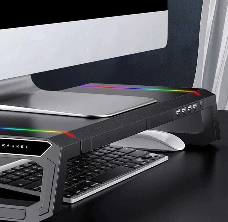 RGB Computer Monitor Lifting Stand Bi-Fold Computer Booster Bracket with 4USB Expansion Ports Desktop Storage Base for Computer